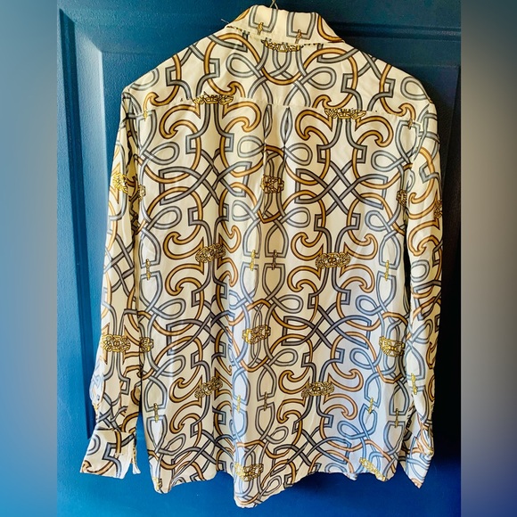 J. McLaughlin button down shirt blouse top blue gold ivory chain pattern - Picture 2 of 11